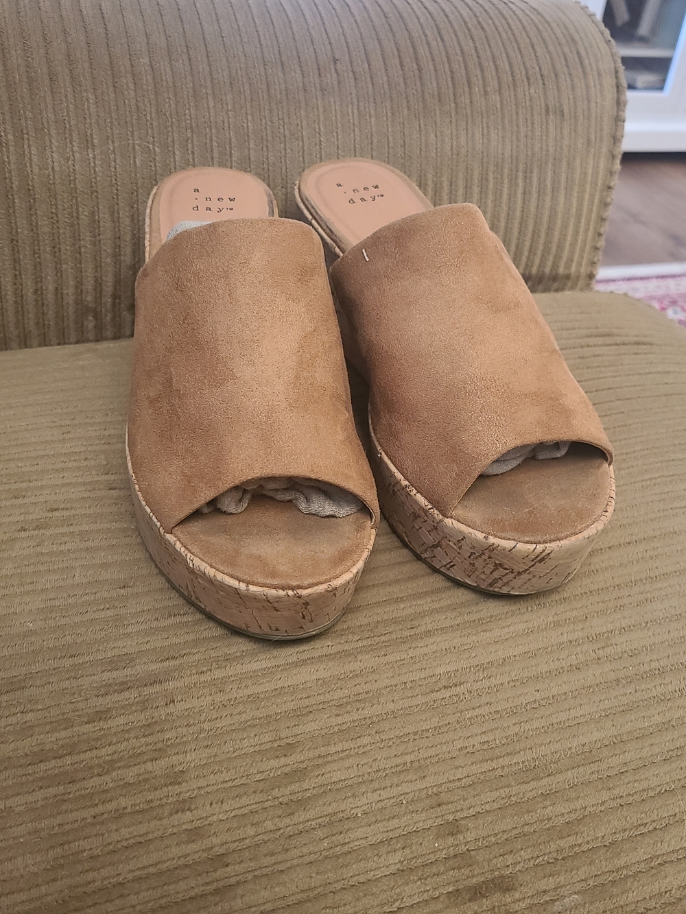 a new day Tan Suede Cork Platform Slide Mules